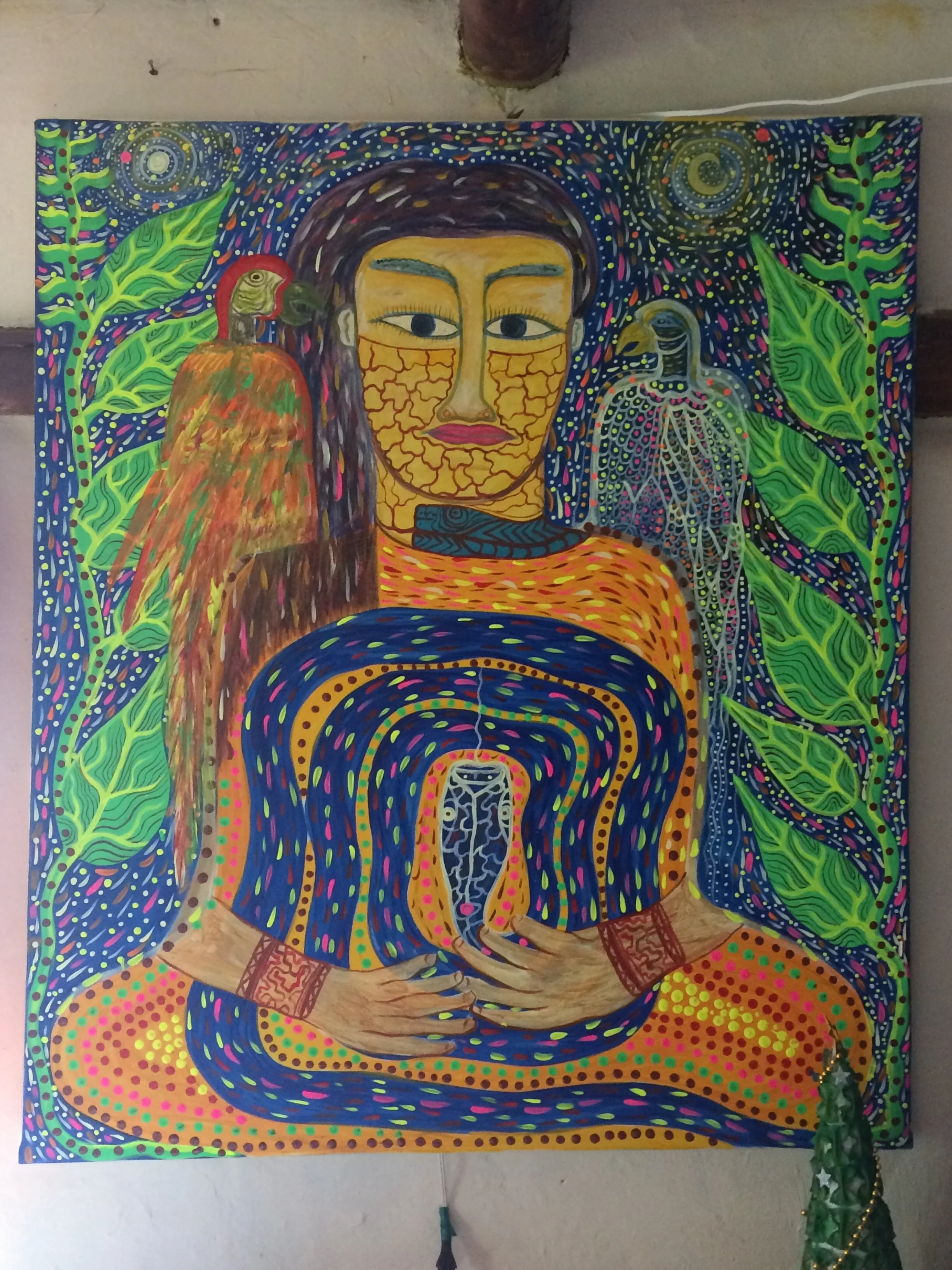 Portrait visionnaire de Zoë Hababou exécuté par le chaman Wish. On voit le serpent de la medicina à l’intérieur du corps de la patiente.