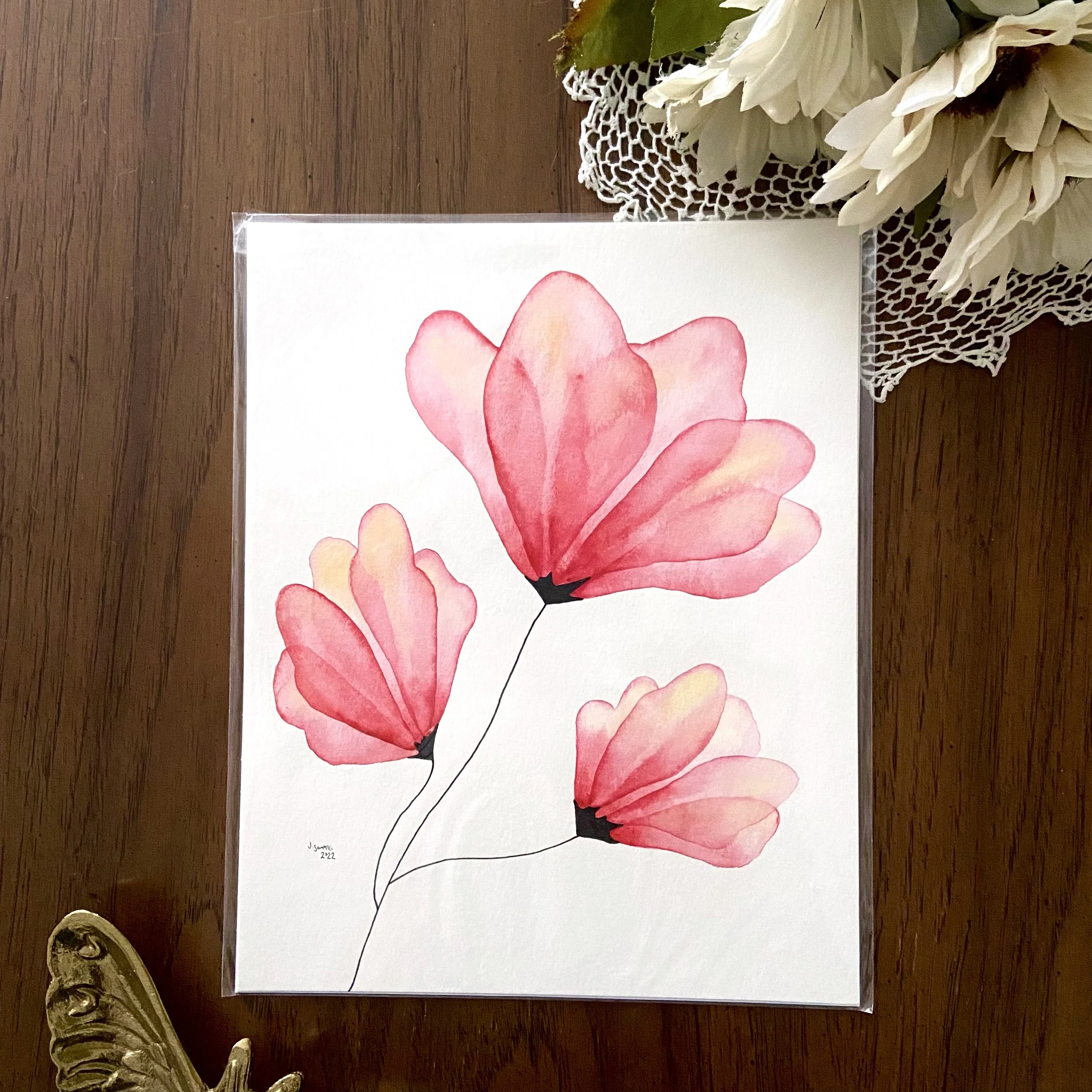 Original Watercolor - Red Translucent Flowers