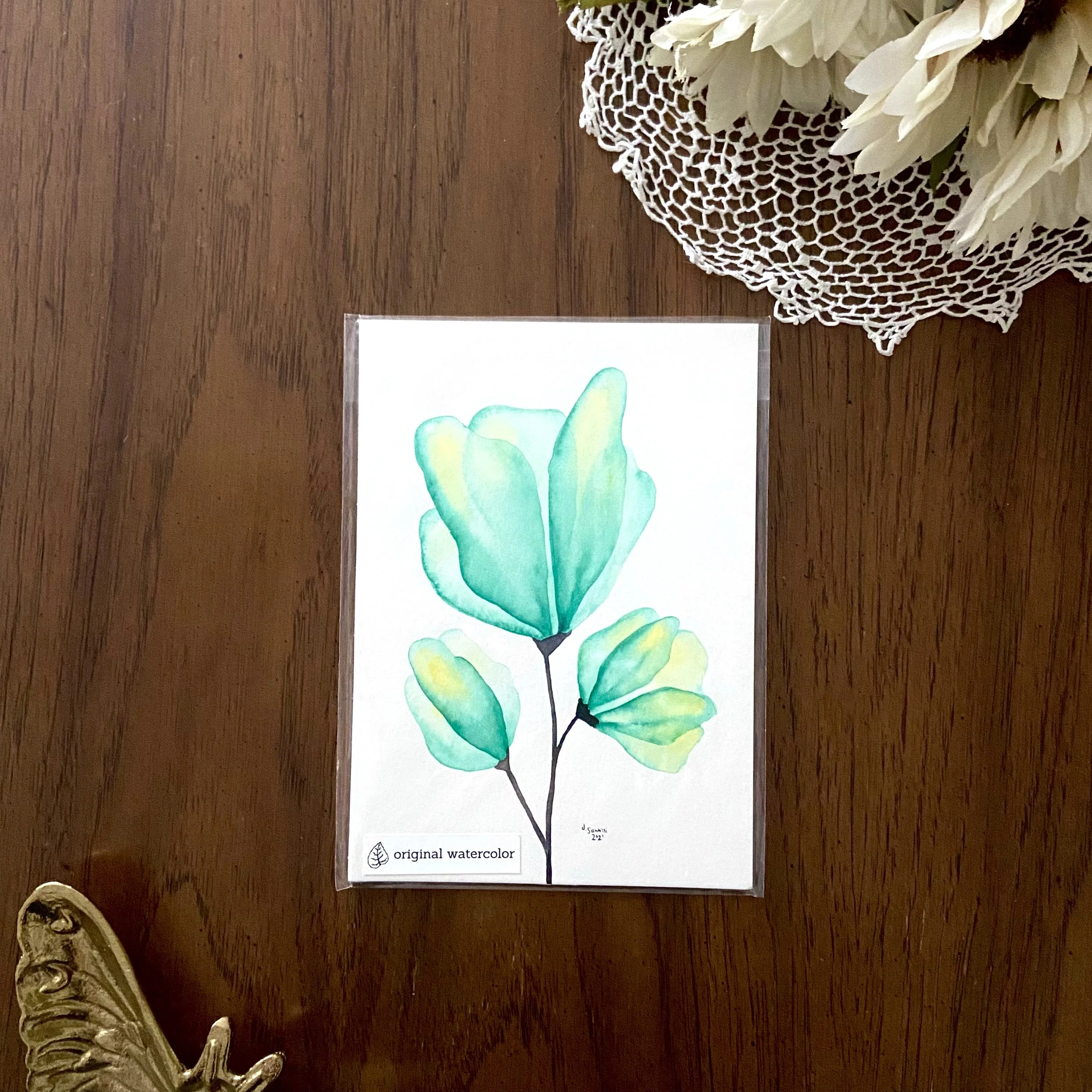 Original Watercolor - Green Translucent Flower