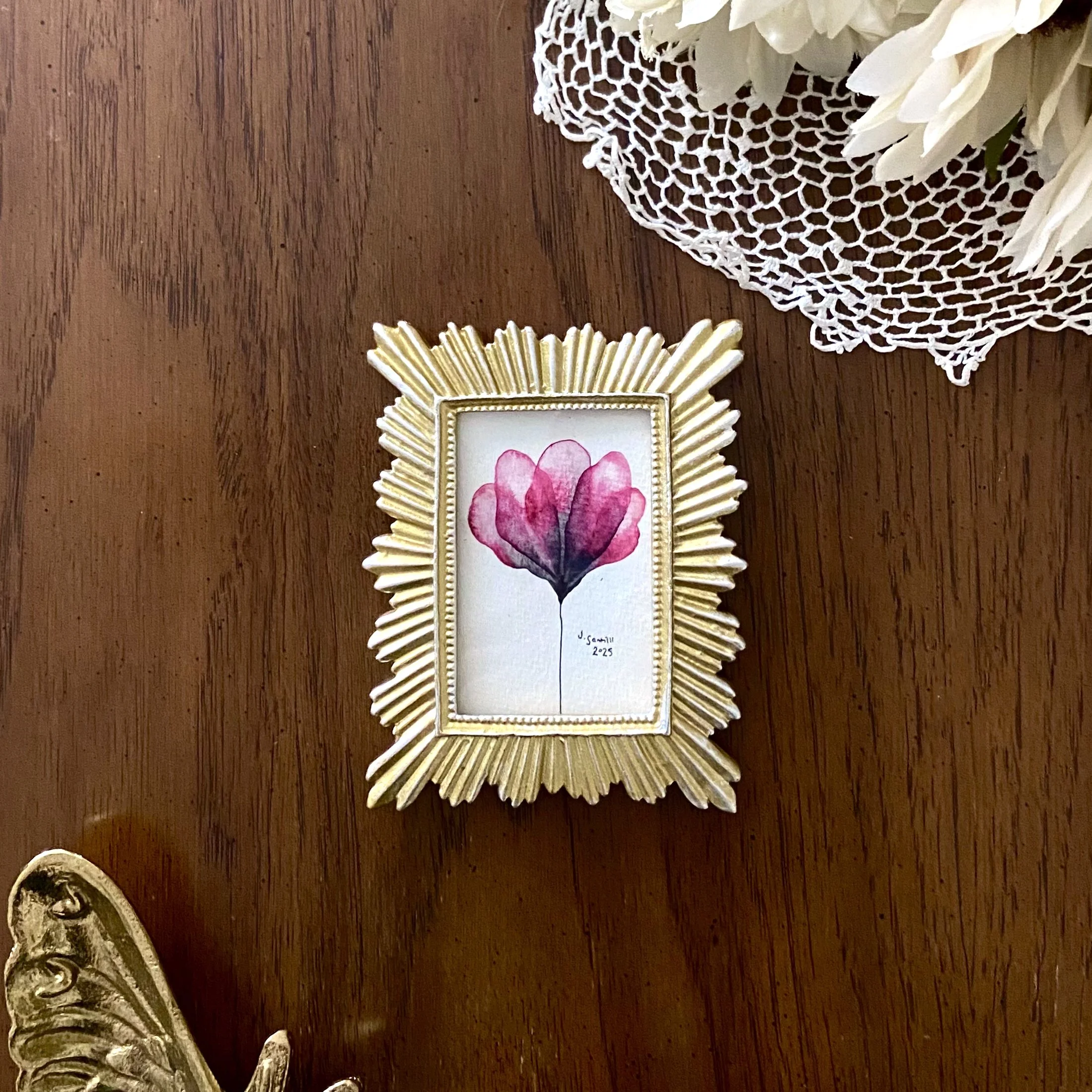 Original Watercolor - Pink & Black Translucent Flower in Frame