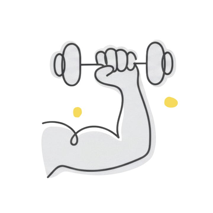 Black outline drawing of a flexed arm muscle with a hand holding a dumbbell, representing strength and fitness.