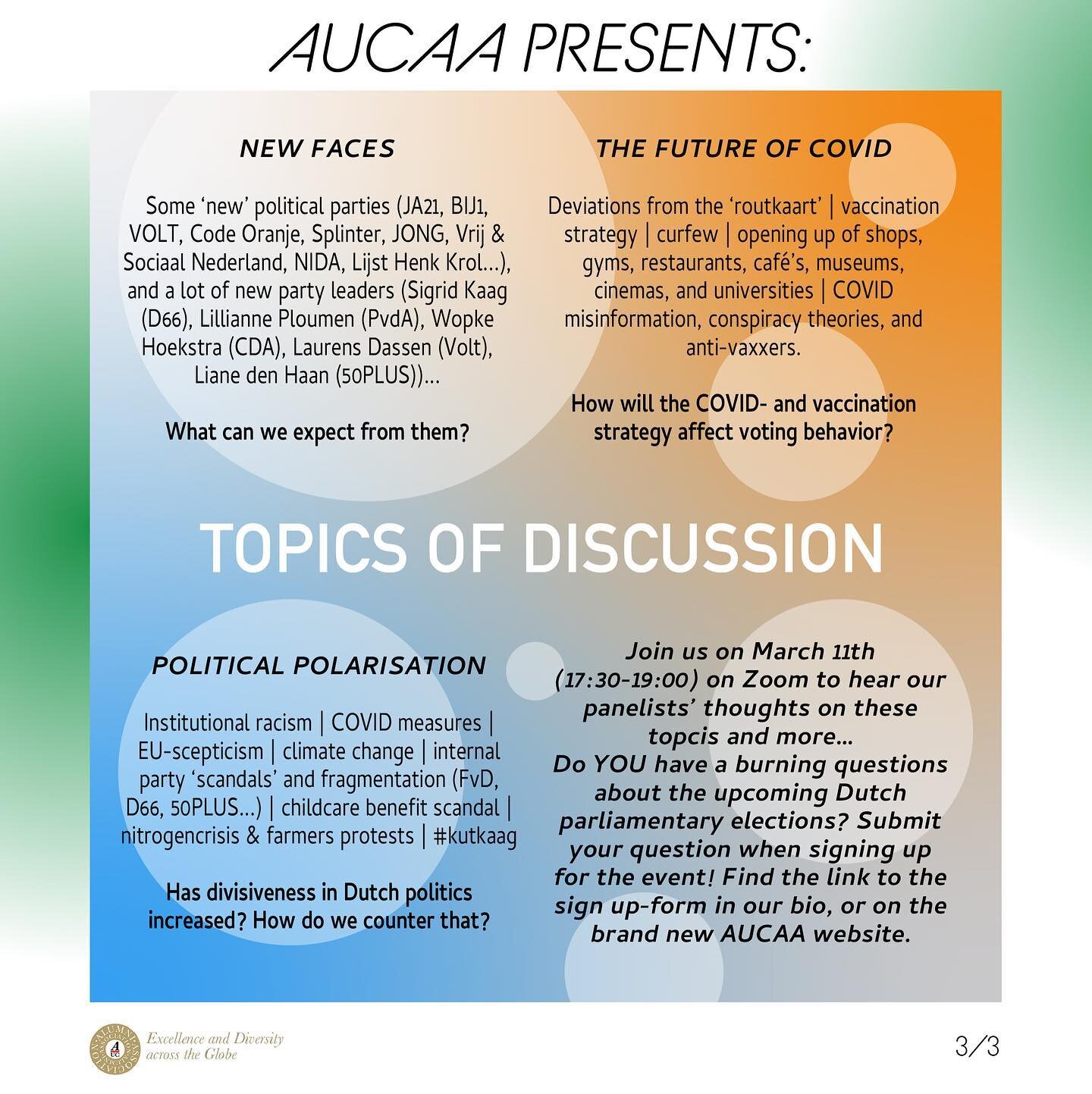 So much to discuss before the elections, so little time... Luckily the AUCAA&rsquo;s got you! 🔥🔥🔥 

Tune in this Thursday March 11th to learn about all of the above topics and more! And it gets better: ask the panelists all the questions YOU&rsquo