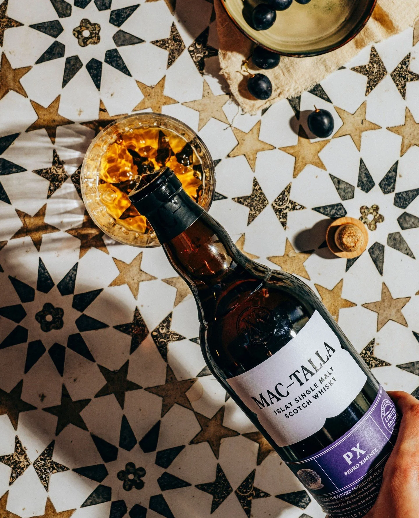 Mac-Talla PX - our latest limited edition has been aged in a combination of PX butts and hogsheads. This rich and peaty dram continues the journey of taste across Islay, delivering notes of rich dark chocolate, sticky dates, raisins and a hint of coa