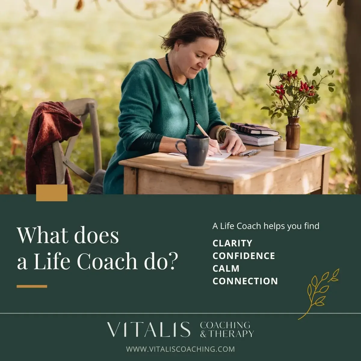 Infographic showing what a Life Coach does, in short finding clarity, confidence, calm and connection.