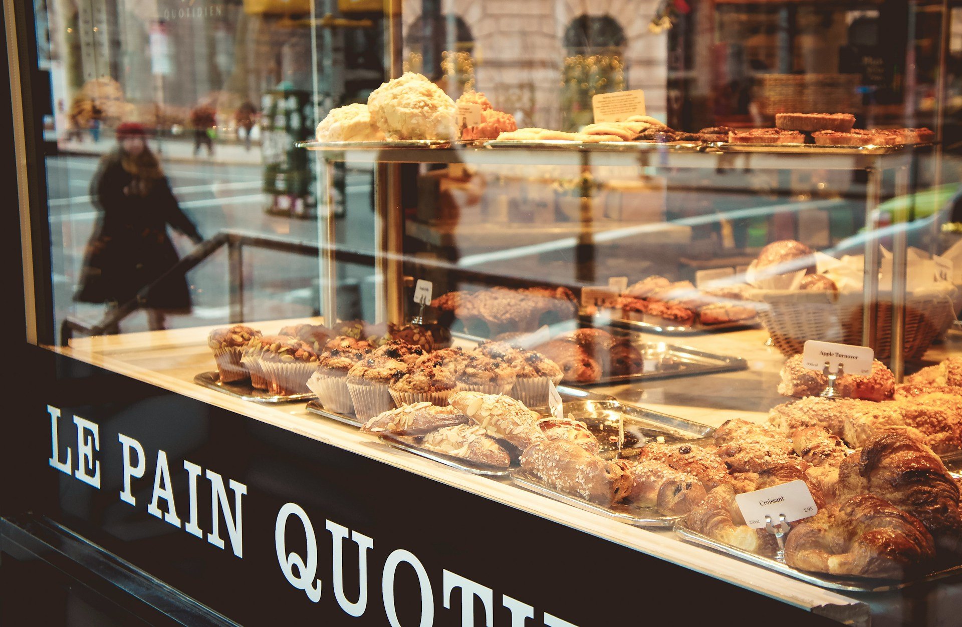 bakery window filled with pastries