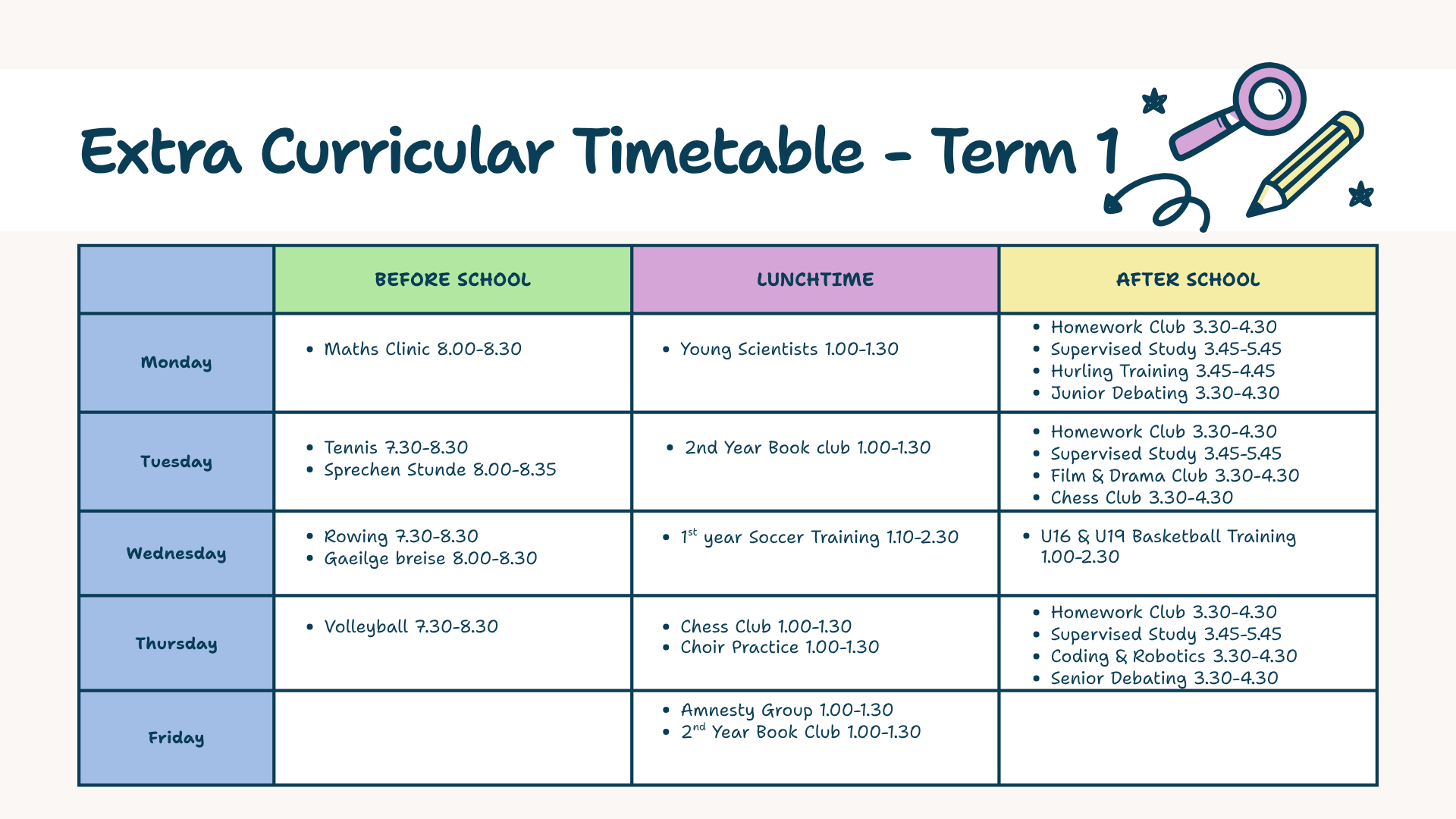 Extra Curricular Calendar - Term 1