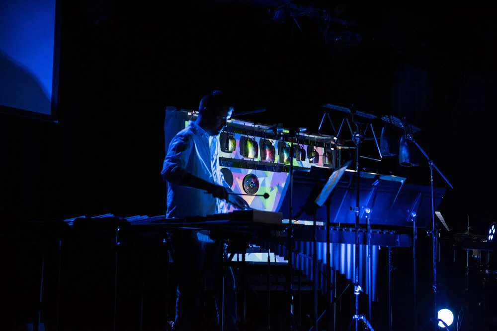 Performing Christopher Burns’ Constellations at the Big Ears Festival. DMX Lighting placed around the stage and interacting with the performance.