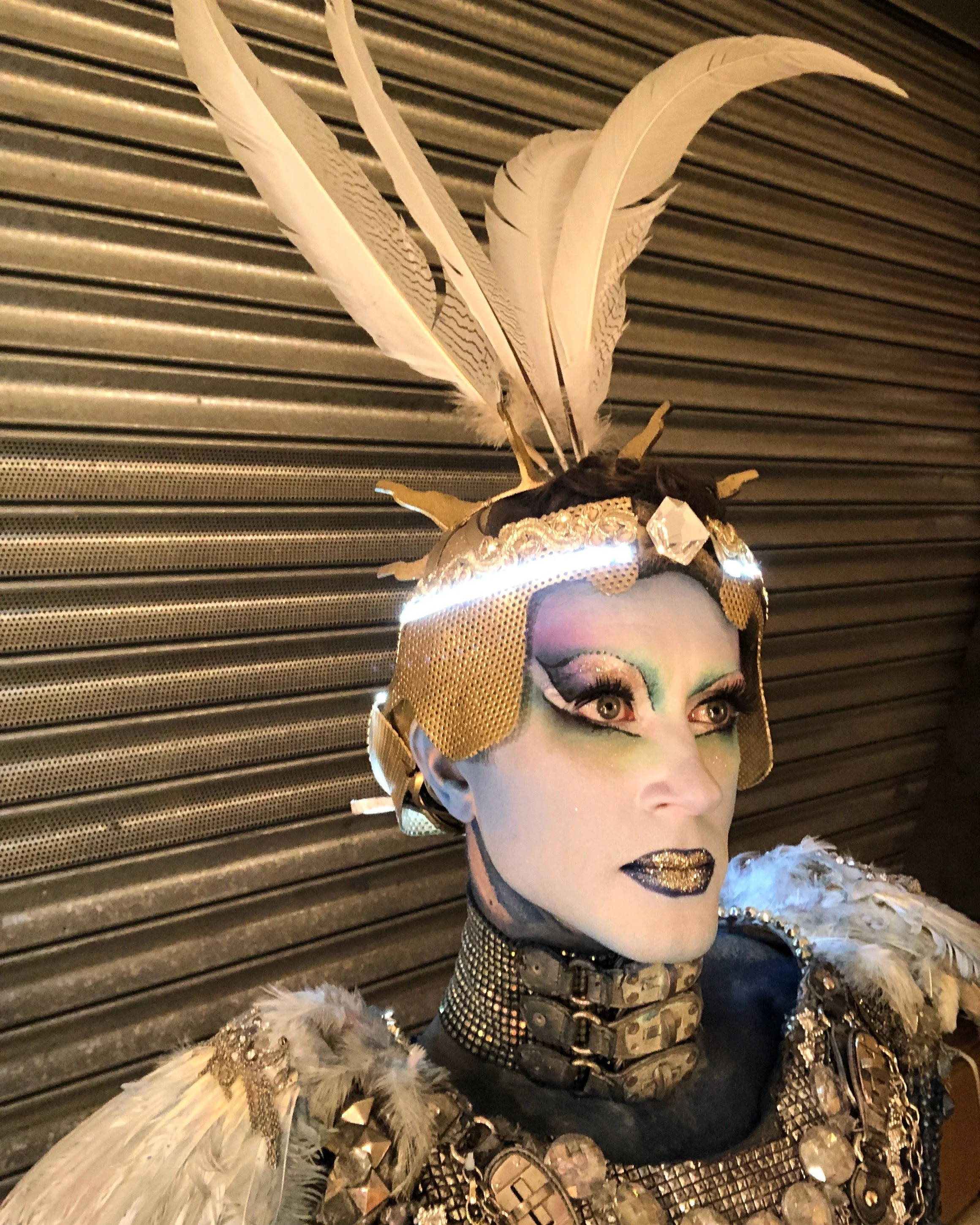 Performer in elaborate costume with feathers, metallic accents, and dramatic makeup.