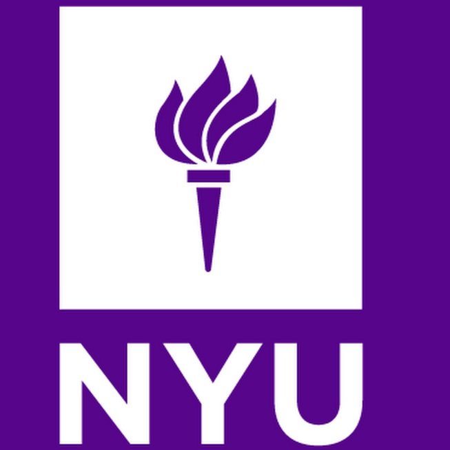The NYU logo featuring a torch with a flame and the letters 'NYU' below it, on a purple background.