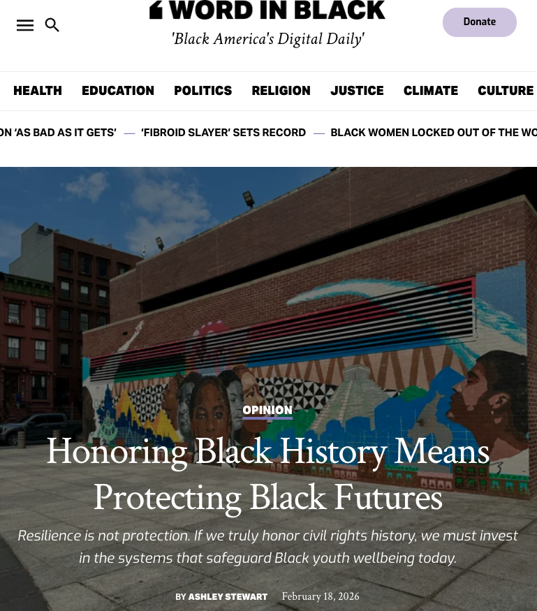 A mural on an urban building wall featuring portraits of Black individuals and cultural symbols, with a headline about honoring Black history and protecting Black futures.
