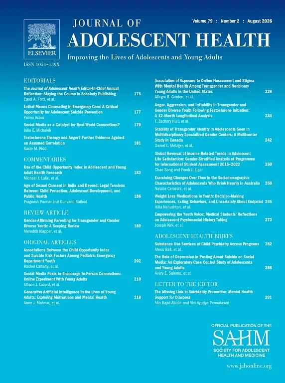 Cover page of the 'Journal of Adolescent Health' volume 79, issue 2, August 2026, featuring titles of articles, editorials, and briefs related to adolescent health issues.