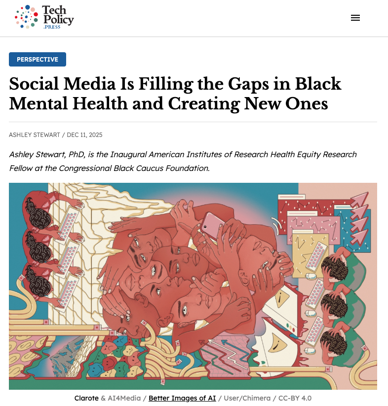 Illustration of multiple heads and faces overlapping, with smartphones and charts related to social media and data analytics, symbolizing the impact of social media on Black mental health.