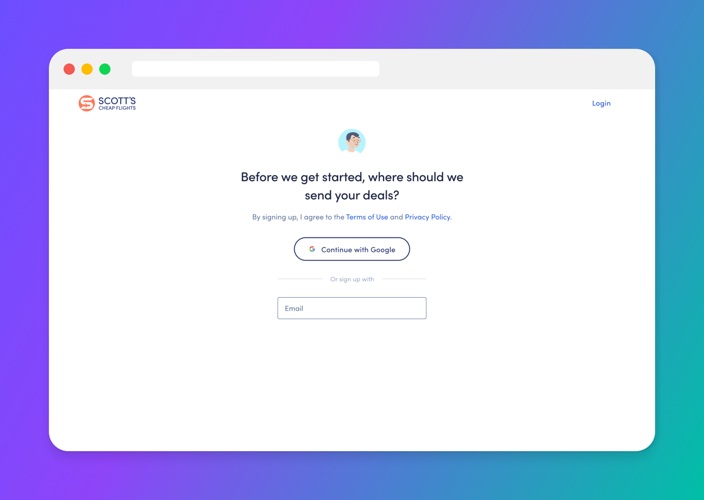Screenshot of a website login page for Scott's Cheap Flights with a white background, blue header, and colorful gradient border. The page features a profile icon, a headline asking where to send deals, and options to continue with Google or sign up with email.