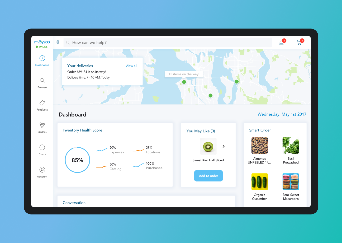 Screenshot of an online delivery management dashboard showing a map with delivery points, upcoming order details, recommended products, and user navigation menu.