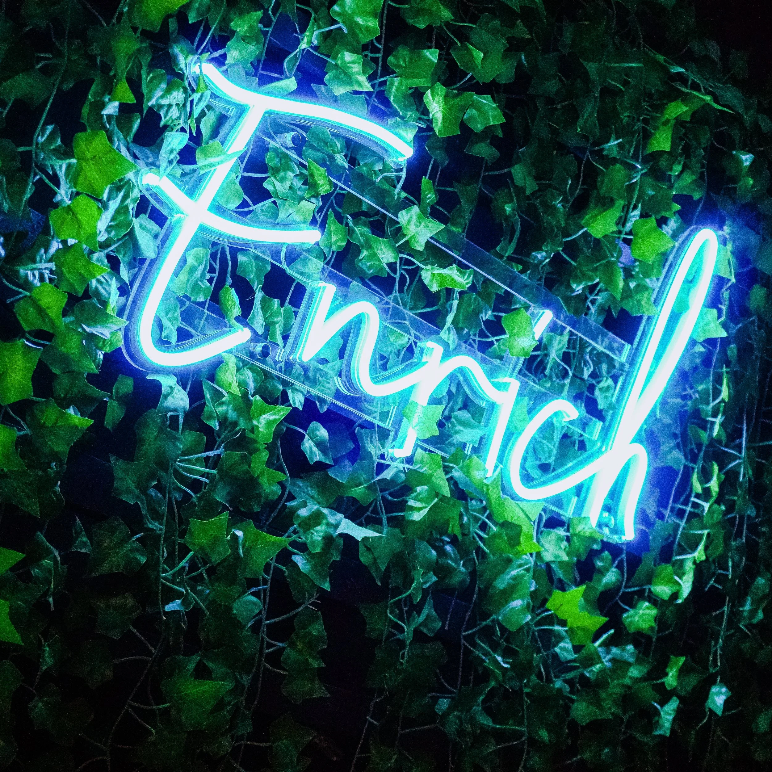 Blue neon sign spelling 'Welcome' against a backdrop of green ivy leaves.