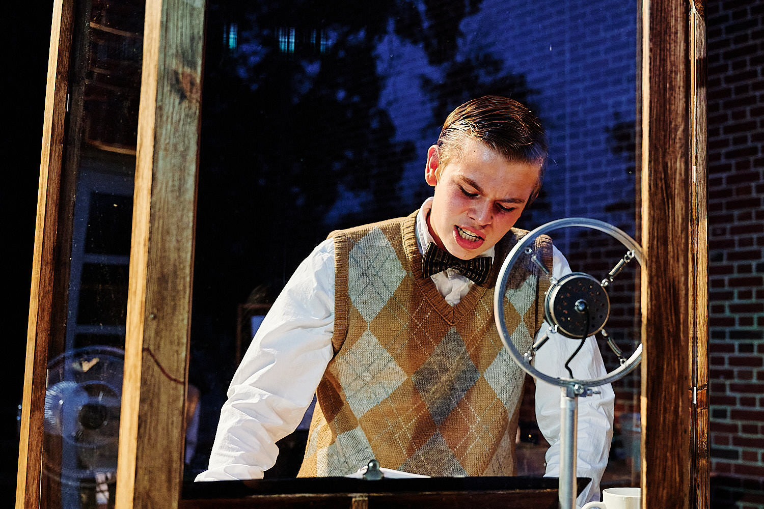  Max Peluso of Sewickley Academy high school engaged in a theater play War of the Worlds by H. G. Wells. The show is outdoors with COVID-19 social distancing and mask-wearing. 