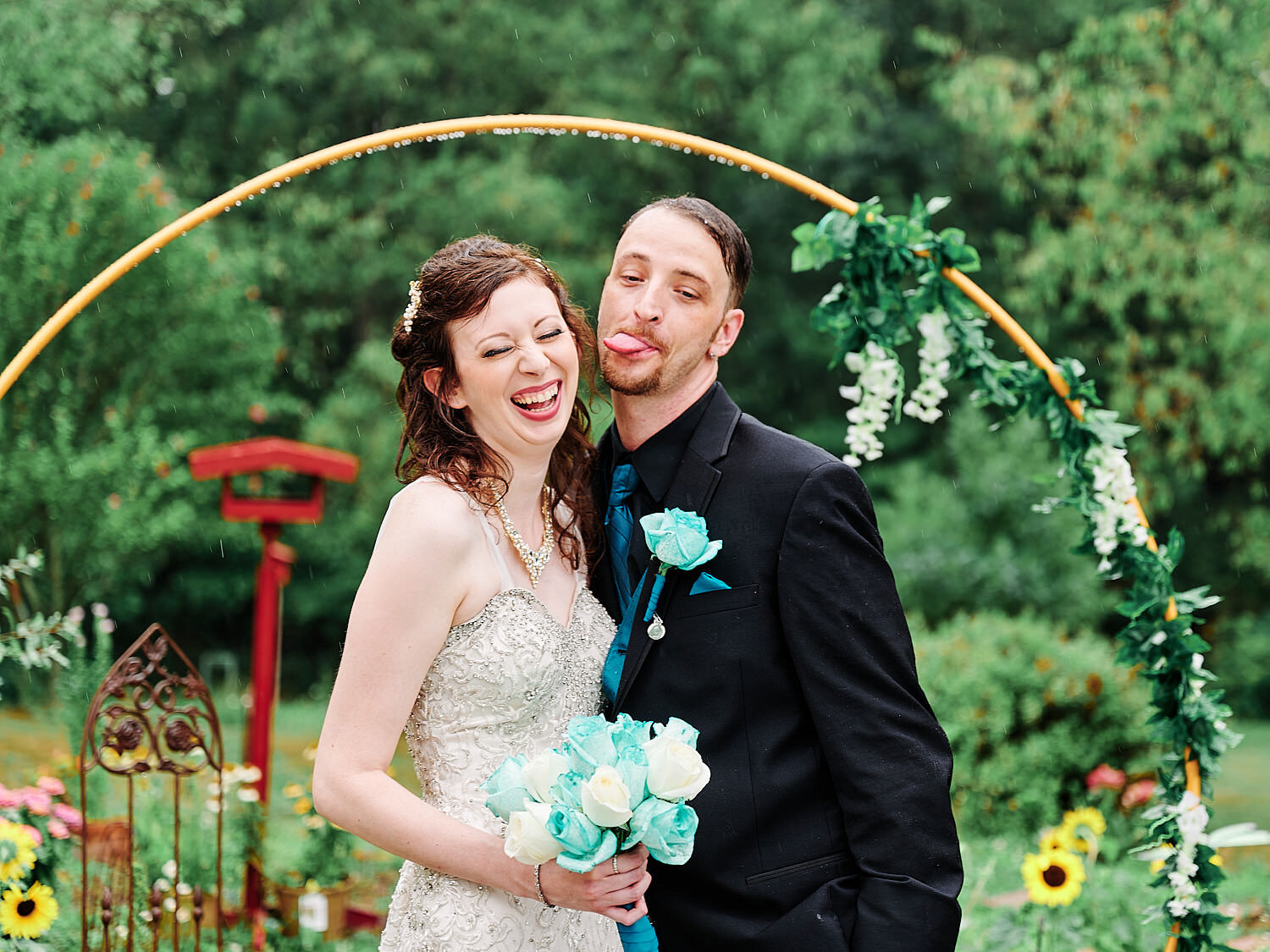  Alyssa Busching and George Goettel are getting married in their grandparents’ backyard under the pouring rain in the minds of the COVID-19 pandemic with only closest friends and family at the ceremony 