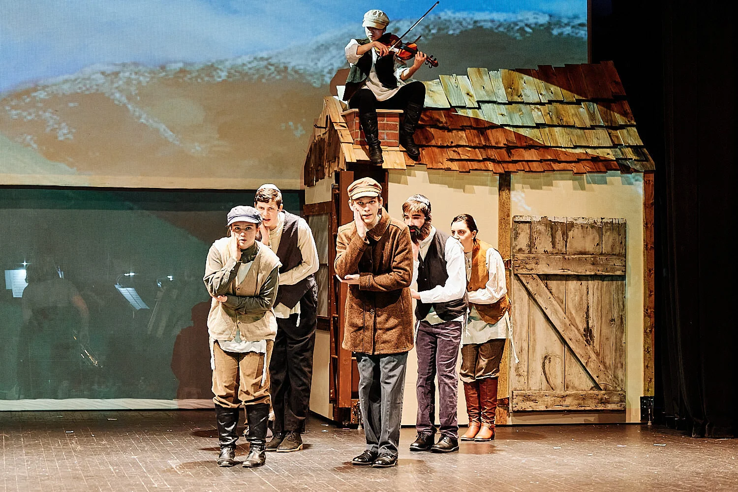 Connery Brown is performing Perchik in Sewickley Academy’s high school musical Fiddler on the Roof in February 2020. Pittsburgh, Western pennsylvania. Lots of dancing and action on stage.