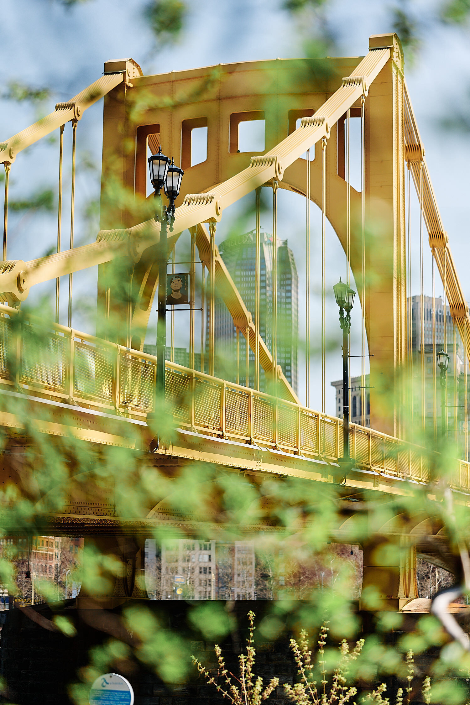  Pittsburgh downtown at midday in early April 2021 with yellow bridges in the background and cherry blossom in the foreground. A couple is photographing each other for happy environmental portraits. 