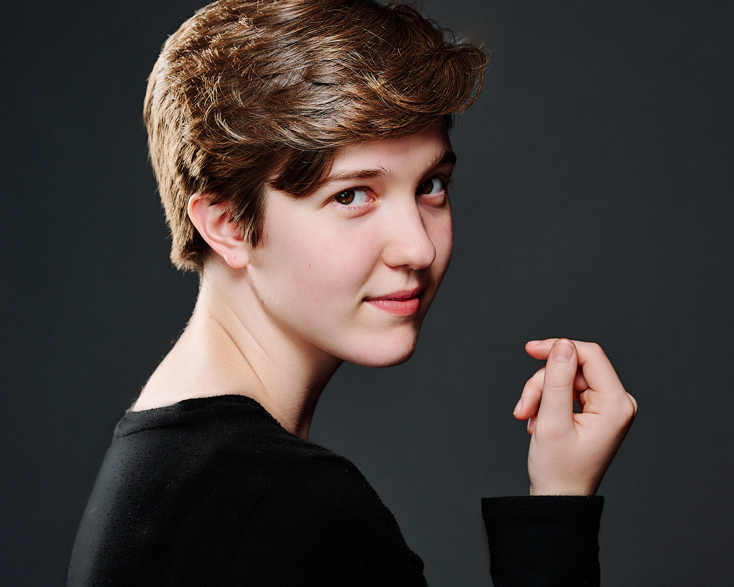 An teenage actor headshot for Sewickley Academy’s high school musical “The 25th Annual Putnam County Spelling Bee” in 2021. The portraits were done in a professional photography studio. Pittsburgh, PA