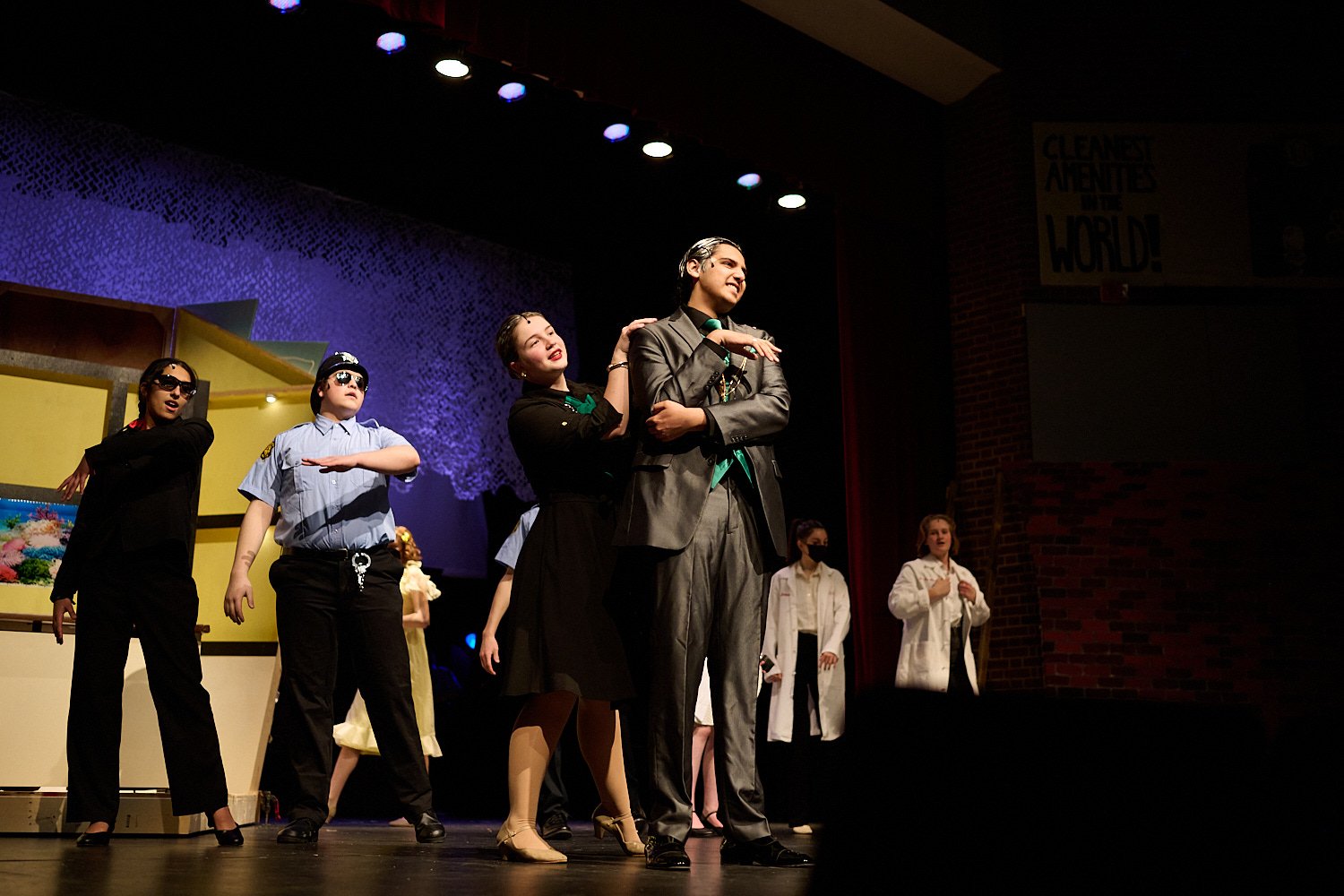 SEWICKLEY, PA, USA - MARCH 2ND 2022: High School students of Sewickley Academy are performing in an annual musical show “Urinetown” running on March 3rd-5th 2022. Grace Armutat 
