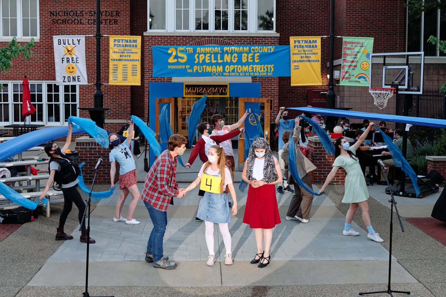  Sewickley Academy High School students are performing the spring musical “The 25th Annual Putnam County Spelling Bee.” The show is staged outdoors in a socially distant format with facial masks on. 