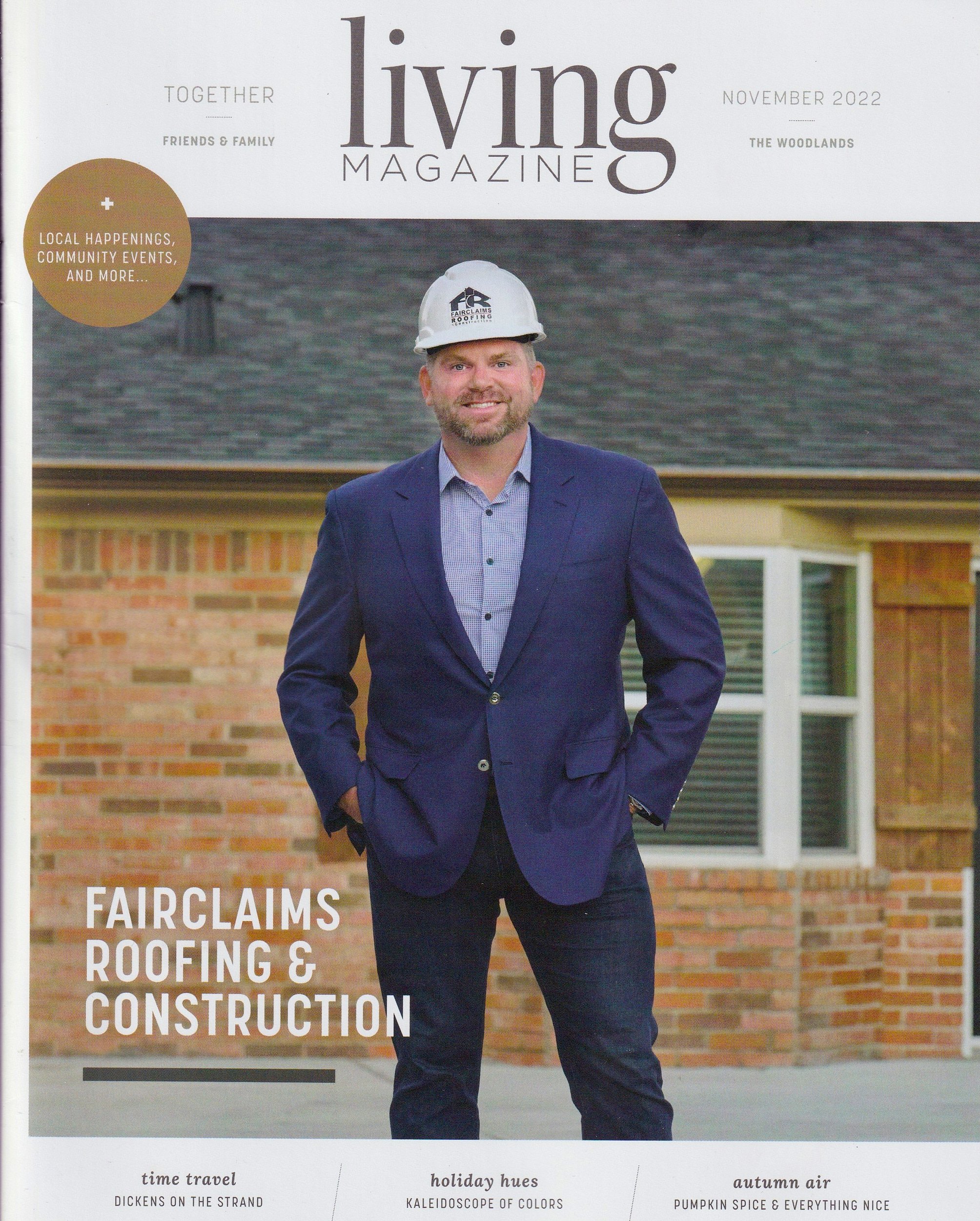  SPRING, TEXAS - SEPTEMBER 30th  2022: Justin O'Neal of Fairclaims Roofing & Construction is posing in a suit and helmet for environmental portraits at his office to promote his business at Living Magazine 