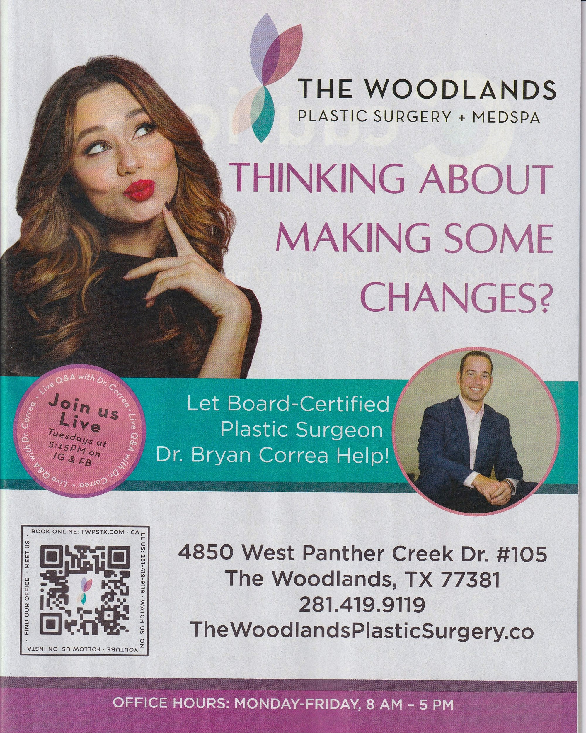  THE WOODLANDS, TEXAS - SEPTEMBER 2022: Doctor Bryan Correa of The Woodlands Plastic Surgery and Medspa is posing for environmental business headshots in his medical clinic full of beautiful artwork. 