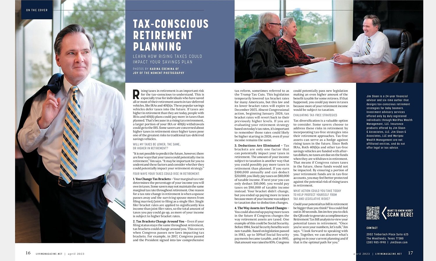  THE WOODLANDS, TEXAS - APRIL 2023: Jim Sloan, a wealth manager at Jim Sloan & Associates, is posing in his office for a feature in Living Magazine South about the rising tax environment & retirement. 