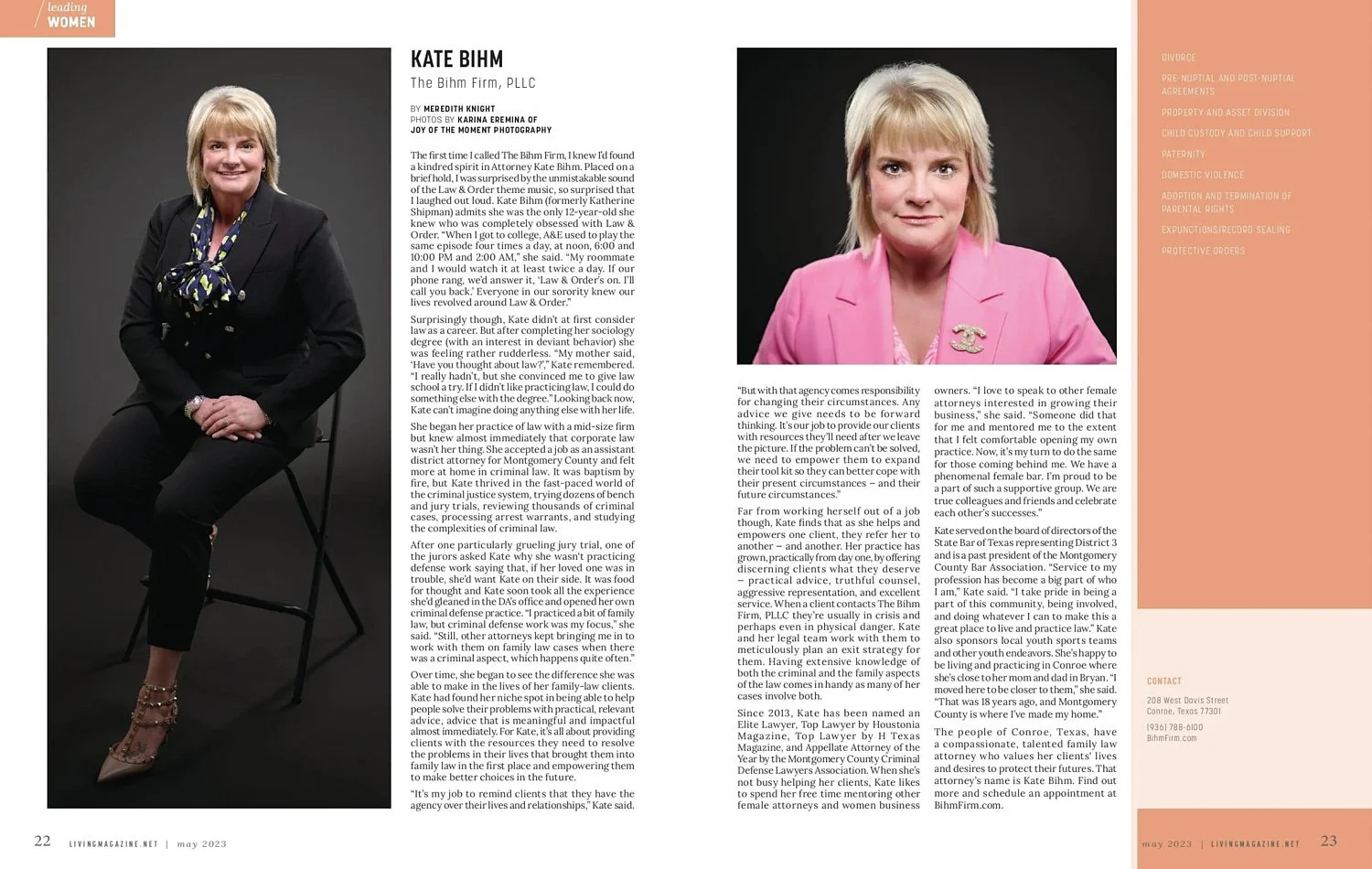  THE WOODLANDS, TEXAS - MAY 1ST 2023: Kate Bihm, the owner and attorney of The Bihm Firm based in Conroe, Texas, USA, was formerly known as Katherin Shipman, is posing for a cover for Living Magazine. 