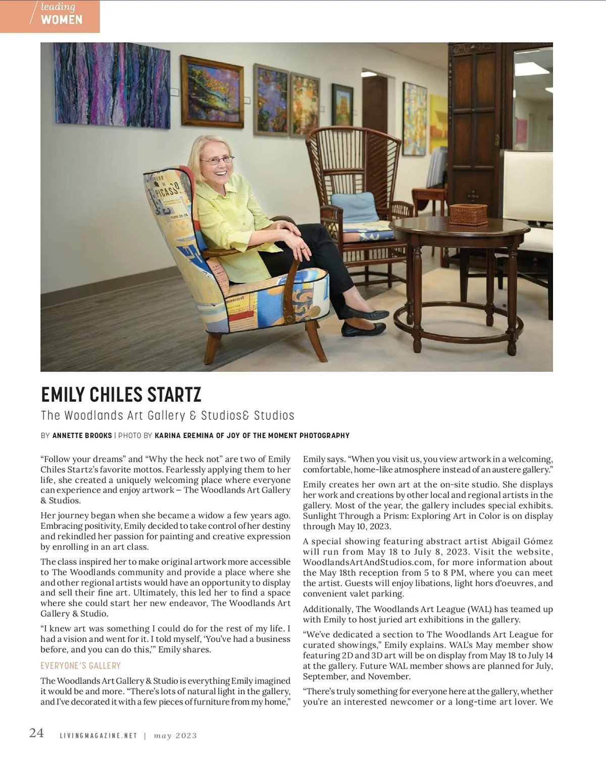  THE WOODLANDS, TEXAS - MAY 1ST 2023: Emily Chiles Startz, the owner and the artist in residence at The Woodlands Art Gallery & Studios, is featured in Living Magazine with work from regional artists. 