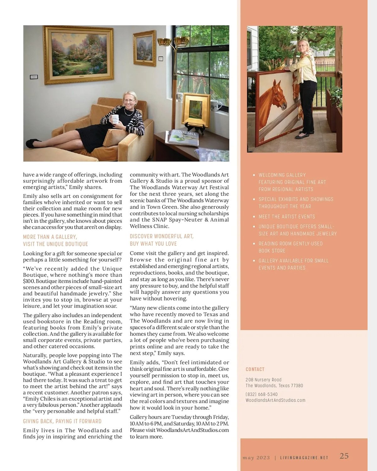  THE WOODLANDS, TEXAS - MAY 1ST 2023: Emily Chiles Startz, the owner and the artist in residence at The Woodlands Art Gallery & Studios, is featured in Living Magazine with work from regional artists. 