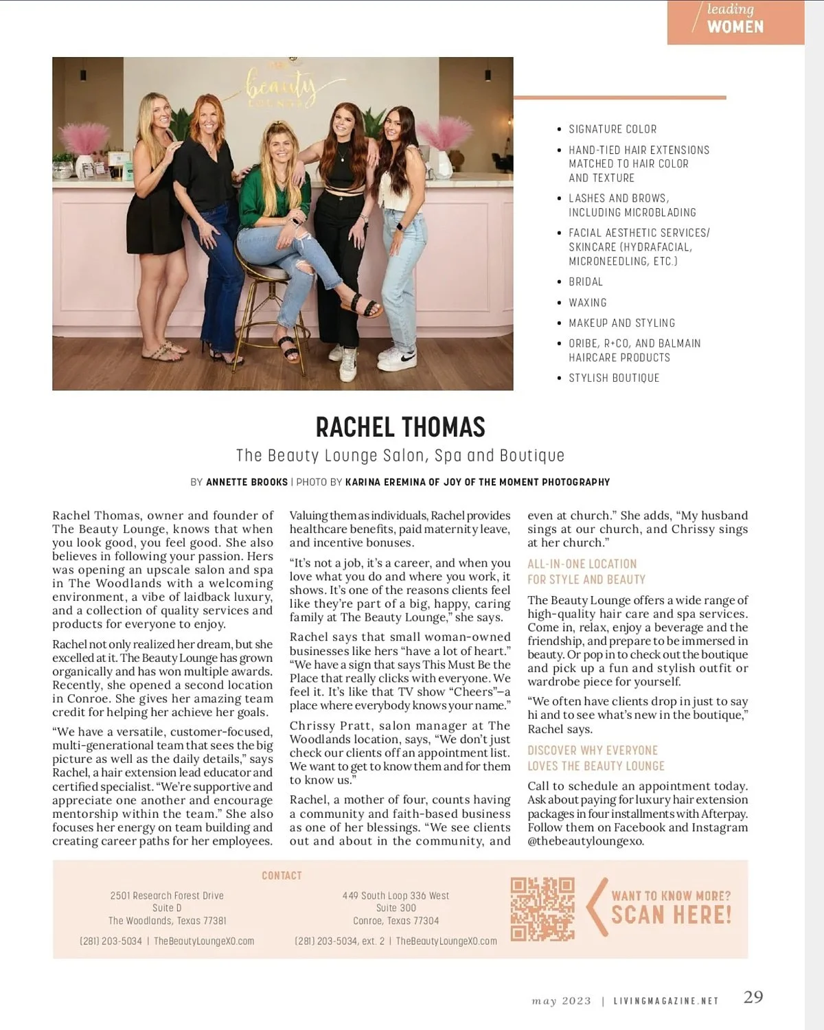  CONROE, TEXAS, USA - APRIL 14th 2023: 5 female managers of a beauty salon are posing for a business portrait in the salon against their company logo. Thel have professional makeup and hair extensions 