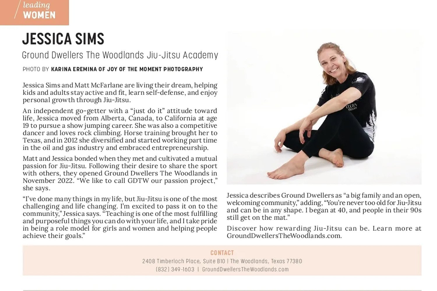  THE WOODLANDS, TEXAS - MAY 1ST 2023:  a female Jiu-Jitsu martial arts coach Jessica Sims of Ground Dwellers is posing for studio portraits for a Living Magazine feature as Leading Women of May 2023. 