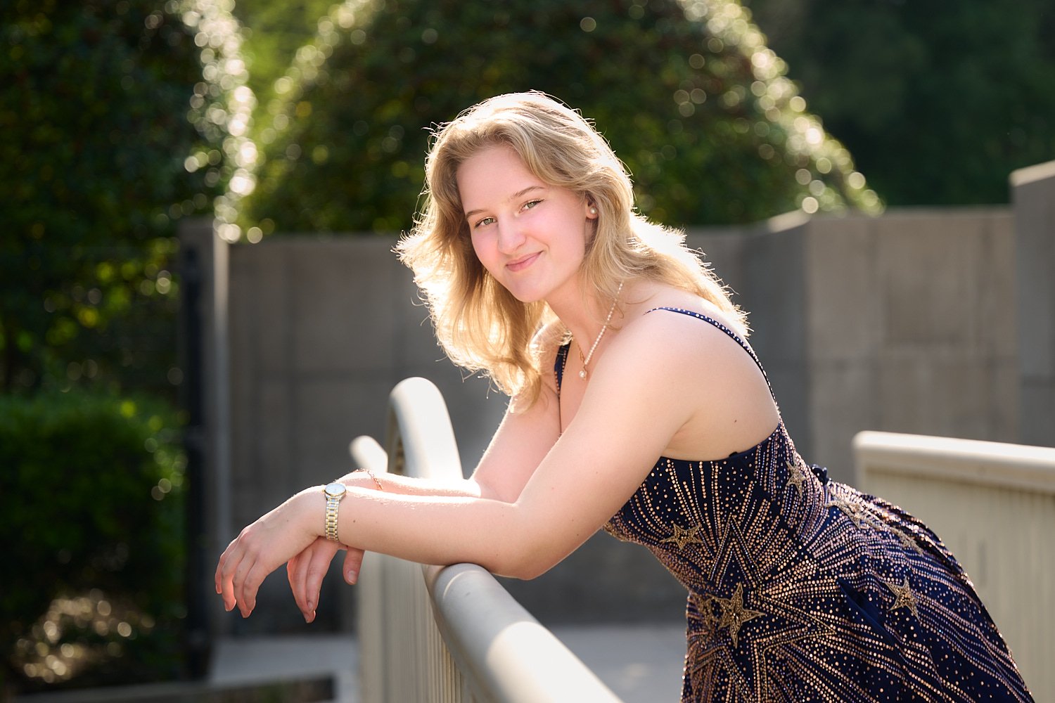 Glamour at Sunset: Alena's Magical Senior Prom Photoshoot Along The Woodlands Waterway