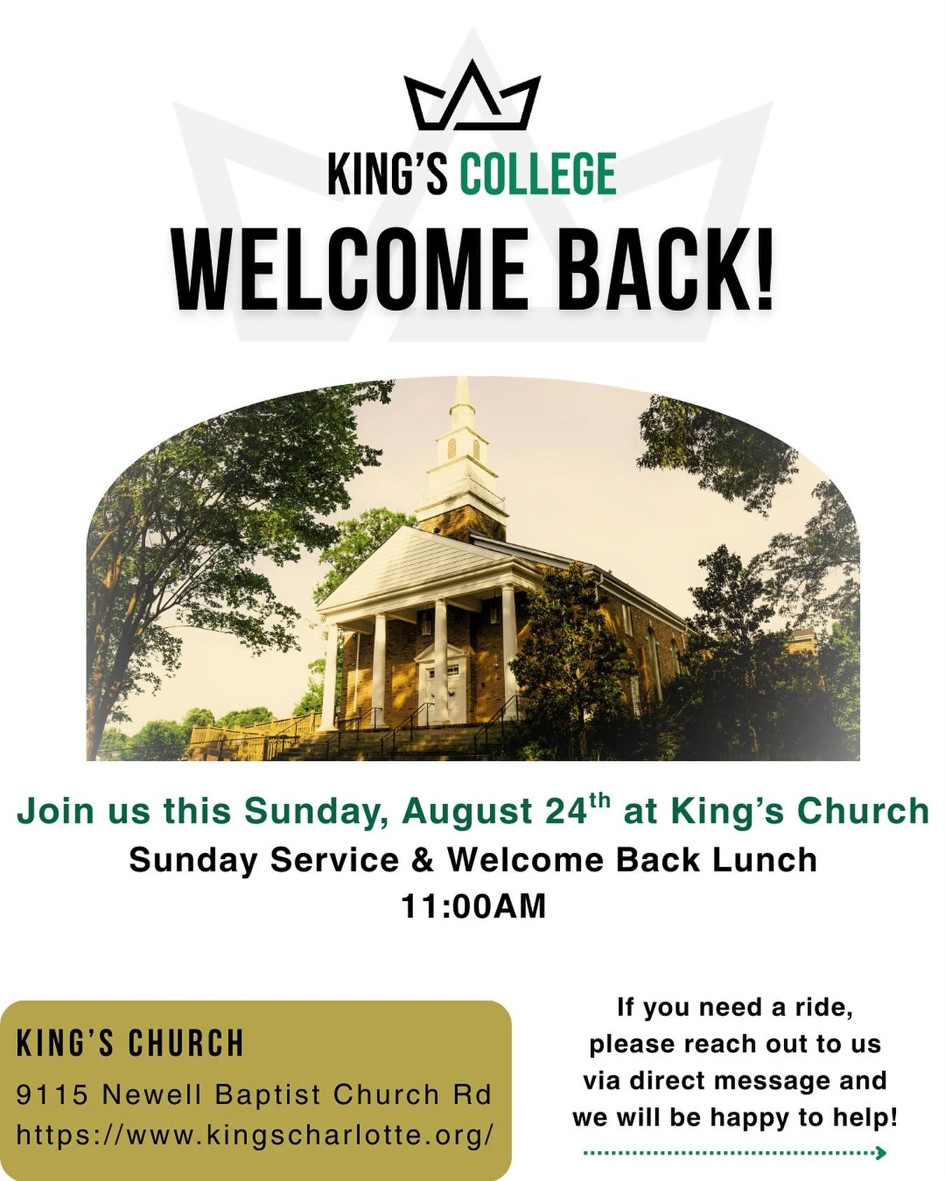 Join us tomorrow, August 24th, at 11am for our Sunday service at King&rsquo;s Church! We will be having lunch afterwards to welcome back our students! DM us if you need a ride