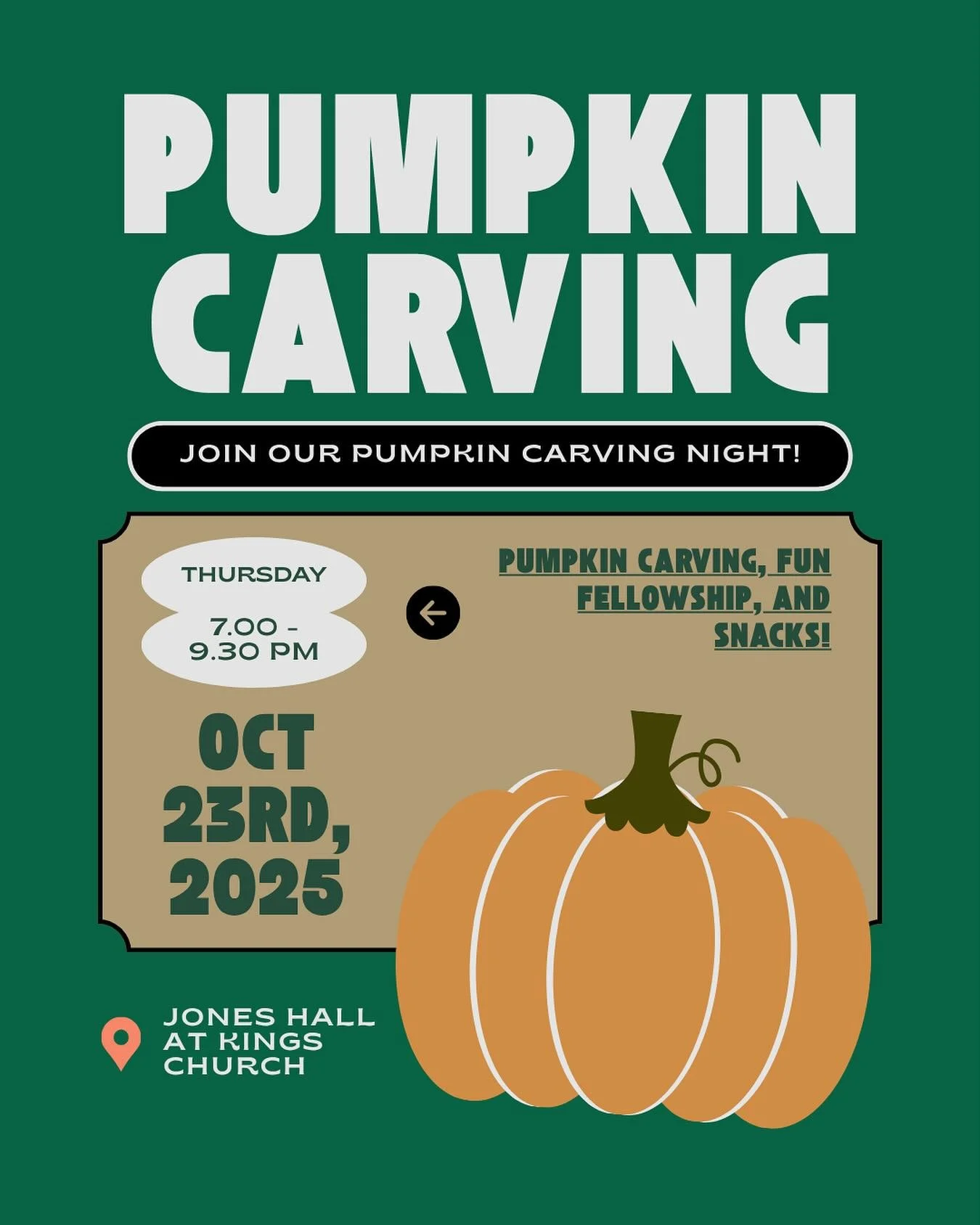 Join us this Thursday, 10/23/25, at 7:00pm in Jones Hall for a night of pumpkin carving, eating delicious snacks, and hanging out with great people! Pumpkins are provided. Let us know if you need a ride!