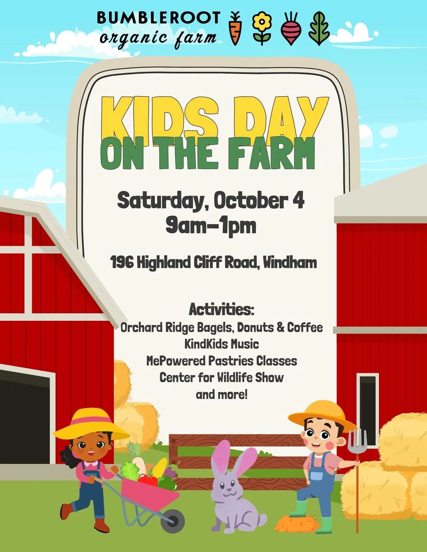 🚨Final Kids Day of the season! This Saturday, 10/4🚨

Join us for yummy food, interactive music, wildlife, walking trails, and fall staples like butternut squash and potatoes!

Kids Day Schedule:
9:30am - 12pm 👩&zwj;🍳 @mepoweredpastries 
10:15am -