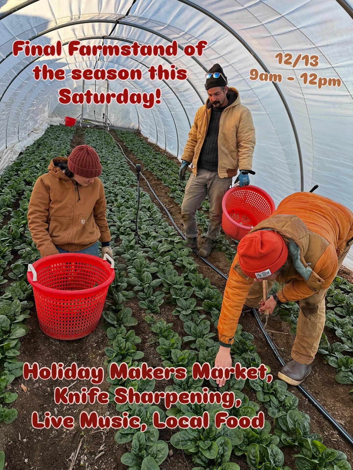 12/13 is almost here! Your last opportunity for farm fresh veggies, until May. 9am - 12pm

Shop local crafts, discounted farm merch, knife sharpening, @orchardridgemaine breakfast and of course local produce!