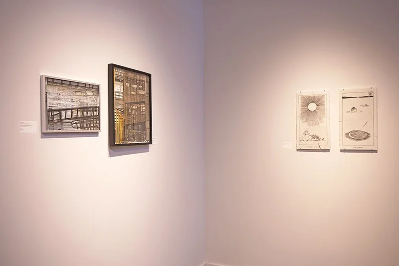 Soo Kim (left wall) "Study, City Beautiful #1" "Chandigarh (Punjab and Haryana High Court)"; Kristen Neville Taylor(right wall) "Workers Wake Up" "End of Days"