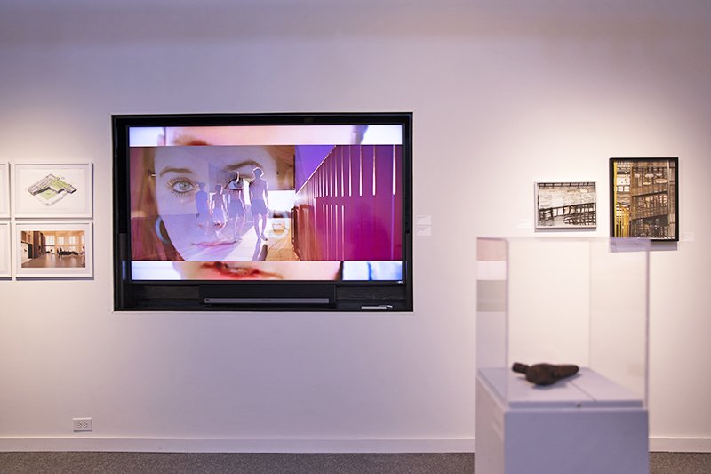 Frederick Fisher Partners (monitor) video still from "A Look Inside: Ojai Valley School by Bread Truck Films"; "Barrel Faucet" (foreground) Courtesy of the Mercer Museum of the Bucks County Historical Society; Soo Kim (right wall), "Study, City Beaut