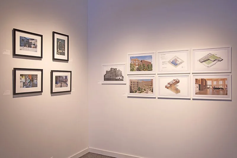 Deborah Riccardi (left wall) "Hope After Disaster" (top left), "Recovery" (bottom left), "Trust God" (top right), "After Disaster" (bottom right); Frederick Fisher Partners (right wall) "postcard reproduction of Guyot Hall, Princeton University" (lef
