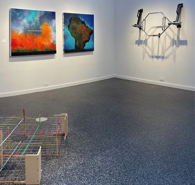 Diane Burko "Deforestation 1", Deforestation 2" (wall left);
Nicolo Gentile "Hold on Me (Hex)" (wall right) 