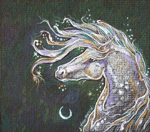 Pencil crayon drawing of a silver horse