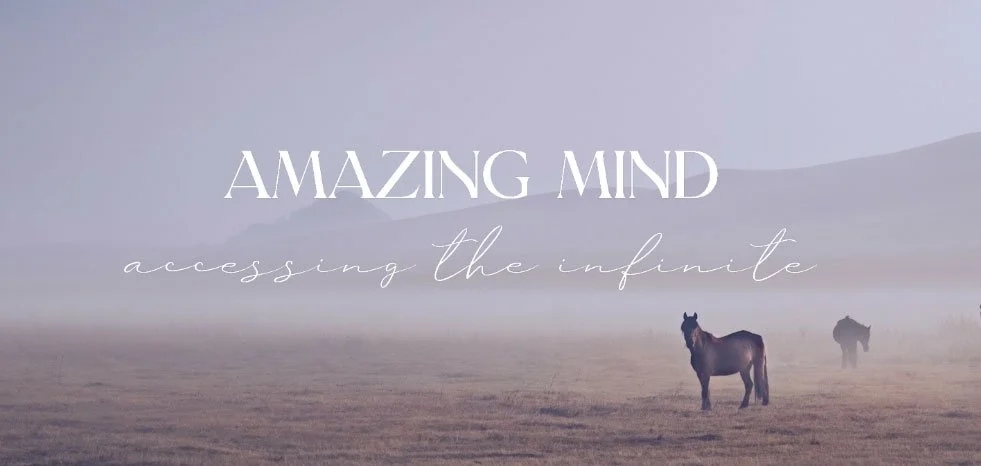 A foggy landscape with two horses and the text 'Amazing Mind accessing the infinite' in elegant fonts.