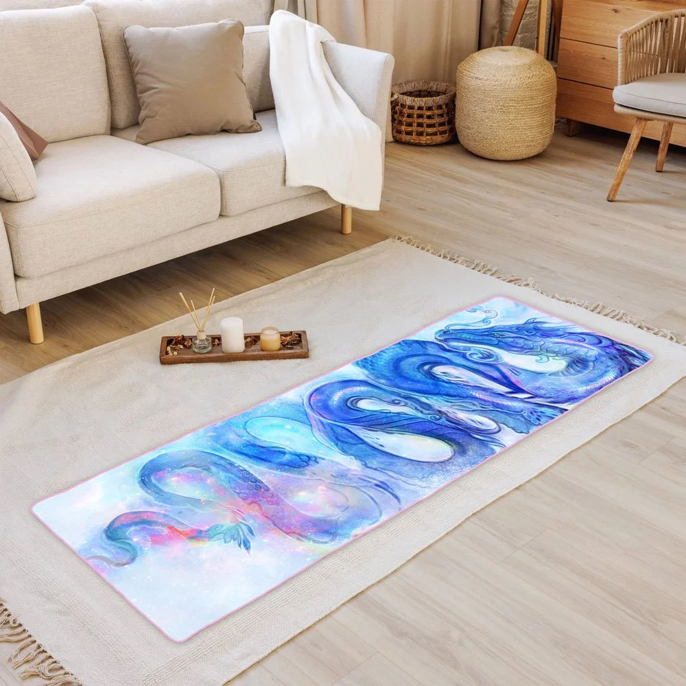 Image of a yoga mat featuring The Water Empress artwork laid out on the floor in a home.