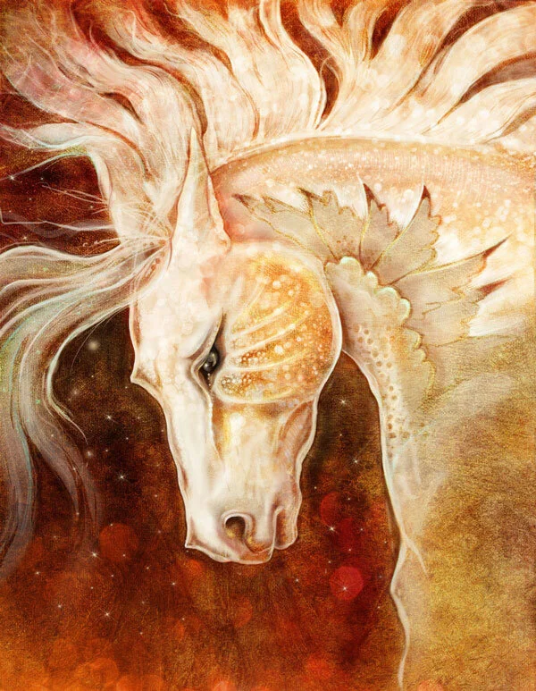 A fantastical painting of a dreamy white horse