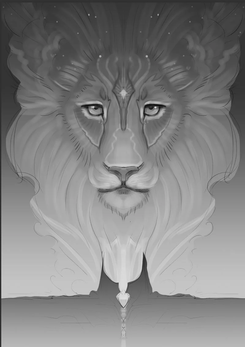 Black and white illustration of a lion's face with a calm and intense expression, a star-shaped symbol on its forehead, and symmetrical patterns around its face.