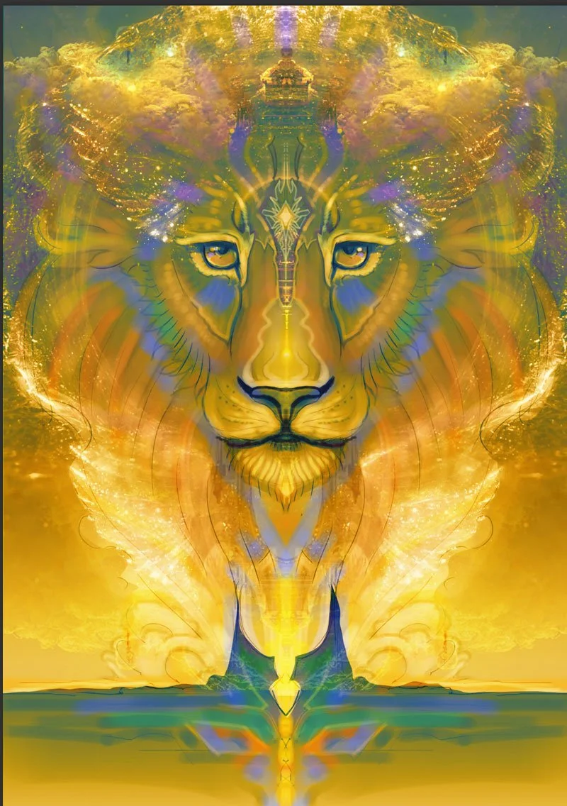 A surreal, digitally enhanced image of a lion's face with glowing, luminous features in shades of yellow, orange, blue, and purple, blending into a cosmic background with vibrant light effects.