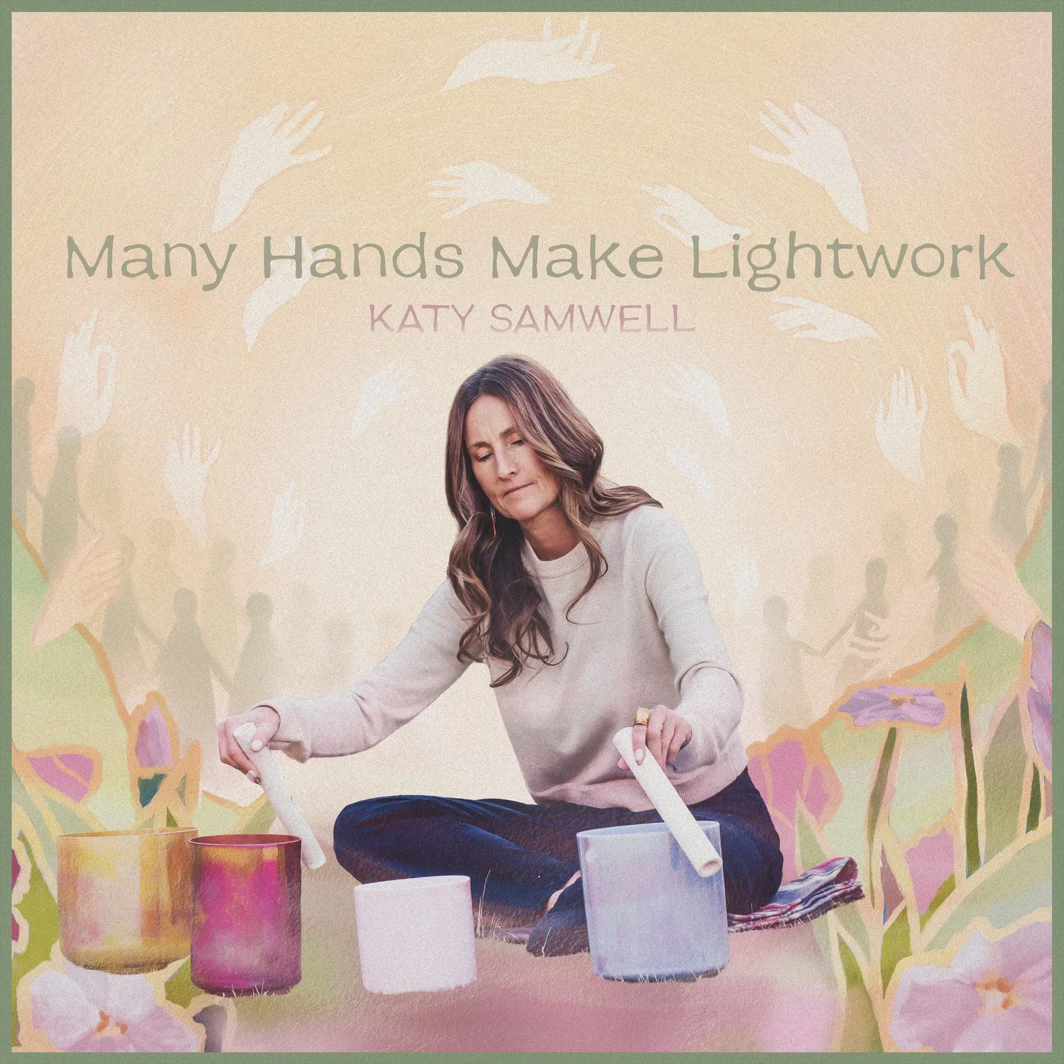 Book cover titled 'Many Hands Make Lightwork' by Katy Samwell, featuring a woman sitting cross-legged, working with white paper and colorful cylindrical containers, surrounded by illustrations of many hands reaching out.